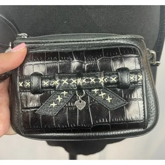 Brighton Black Leather Crossbody Bag Tri Fold Wallet on a String Removable Strap - Picture 4 of 14